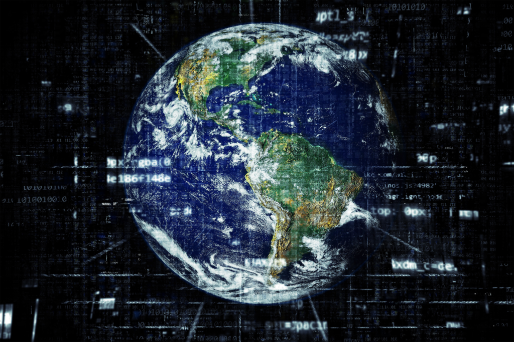 Image of Planet Earth with digital characters in a pattern displayed over the top